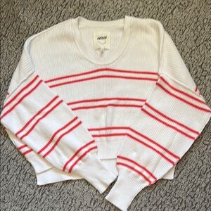 Aerie White and Red Crew Neck Sweater with Nautical Stripes
